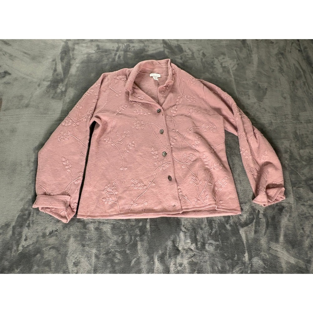 Charter Club Womens L Pink Merino Wool Floral Embroidered Cardigan Sweater